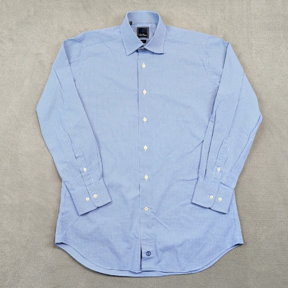 David Donahue Modern Trim Fit Dress Shirt 16 32/33 Blue Cotton Micro Check Logo — photo 2